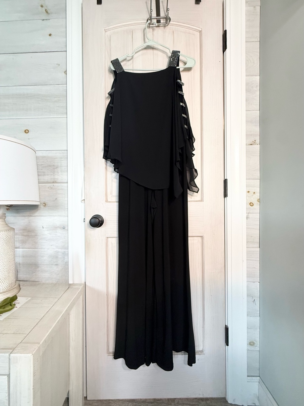 MSK Black One-Shoulder Evening Jumpsuit with Draped Sleeve